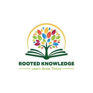 Colorful knowledge tree logo design for education growth learning center branding, rooted wisdom concept icon vector emblem template.
