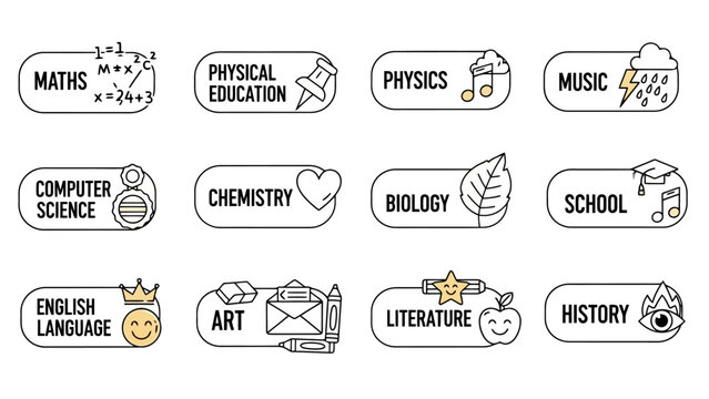 Collection of stylized icons representing various school subjects and academic disciplines, presented in a clean, modern design.