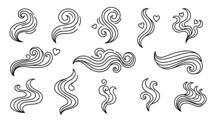 A collection of hand-drawn, stylized illustrations depicting wisps of smoke or steam, some adorned with small hearts, presented in a black and white line art style. © gita