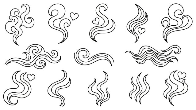 Collection of stylized, hand-drawn illustrations of swirling smoke, steam, or scent lines, some with small heart accents, presented in black and white outline style.