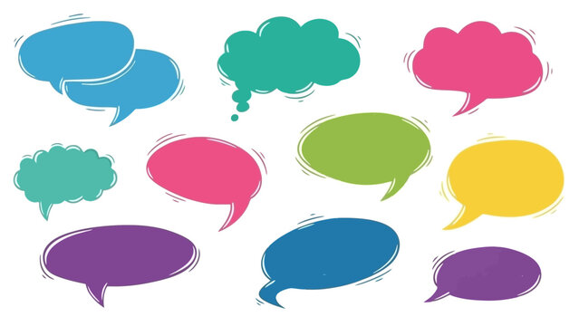 A vibrant collection of hand-drawn speech bubbles in various bright colors and shapes, isolated on a white background.