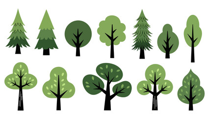 A collection of stylized green trees, showcasing various shapes and sizes, perfect for graphic design and nature-themed projects.
