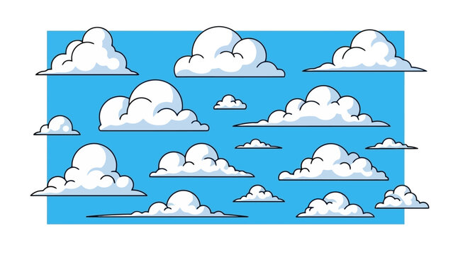 A vibrant illustration featuring a collection of fluffy white cartoon clouds scattered across a bright blue sky.