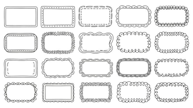 A collection of 20 hand-drawn decorative rectangular frames with various ornate borders and patterns.