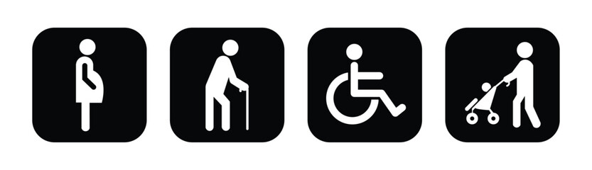 Lift priority sign, label, logo, icon set. Elevator priority sign, priority queues for elderly, men and women with stroller baby, disabled wheelchair, pregnant woman, walking stick. © Icon Legend 