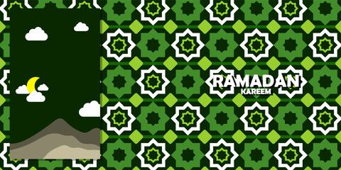 Set of Ramadan Kareem greeting cards in flat geometric style with crescent moon, lantern, mosque arches, ornamental patterns, and SALE text. Eid Mubarak modern banners in vivid blue, teal, gold, white