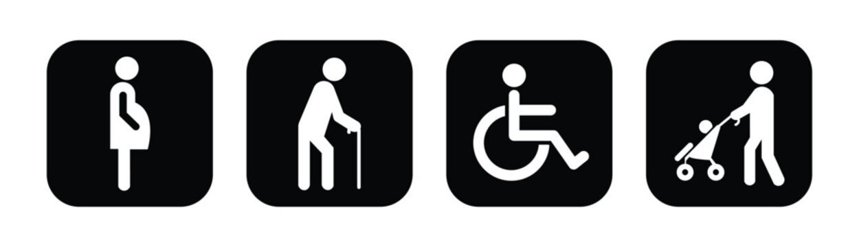 Lift priority sign, label, logo, icon set. Elevator priority sign, priority queues for elderly, men and women with stroller baby, disabled wheelchair, pregnant woman, walking stick.