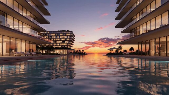 Luxurious condo with sunset views over an infinity pool, palms on the beach, and glass balconies