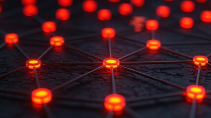 A vibrant network of interconnected nodes illuminated in red, showcasing a dynamic digital or technological theme.