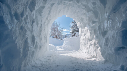 Snow tunnel entrance with bright winter landscape visible outside  