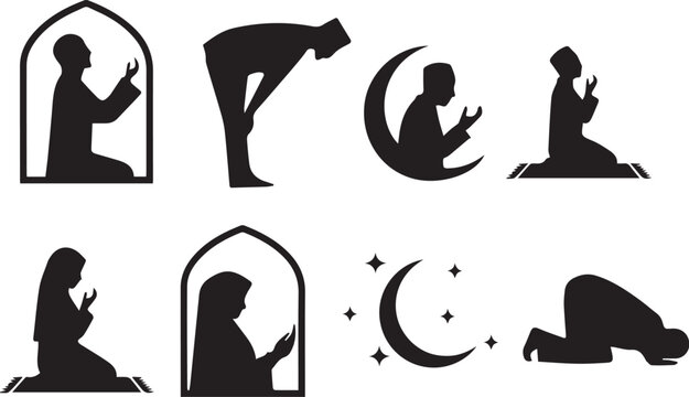 Islamic prayer posture vector set with silhouettes of men and women in Salah, crescent moon, mosque, and Sujood