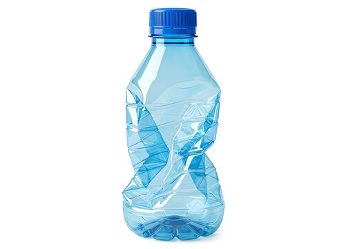Crushed blue plastic water bottle isolated on white background