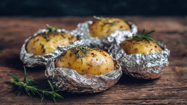Baked potatoes wrapped in foil with herbs on wooden table  