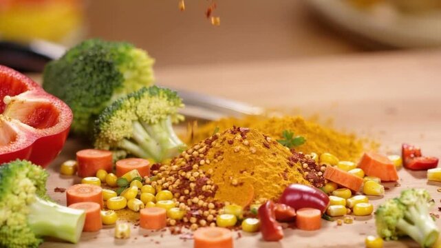 Hand sprinkling spices over colorful fresh vegetables and turmeric powder on a kitchen cutting board