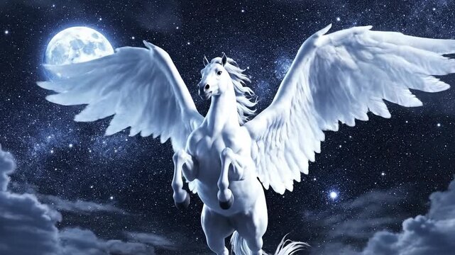 White Pegasus with wings spread against a starry night sky with a full moon illuminating the scene