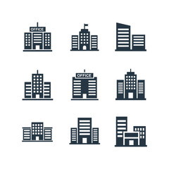 Obraz premium Illustrations of various office buildings and skyscrapers in city environment from exterior viewpoint