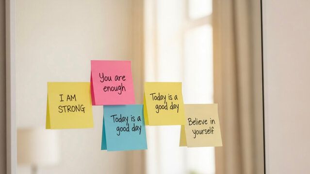 Positive affirmation sticky notes on a mirror in a bright room  