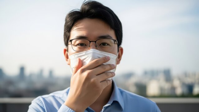 Man wearing face mask coughs outdoor
