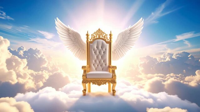 Opulent gold throne with feathered wings hovering amidst serene clouds and radiant light against a bright blue sky