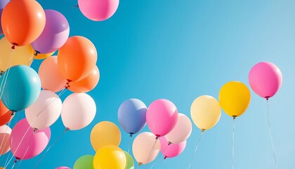 Pastel rainbow colored balloons floating against a bright blue sky, celebratory, birthday