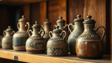 Rustic ceramic and pewter flagons with lids on wooden shelf in warm light.