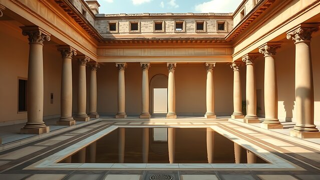 The atrium of an ancient Roman villa, a square impluvium reflecting colonnade and sky.