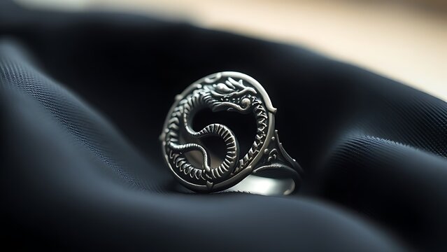 Ancient silver ring with a dragon ouroboros engraved on dark silk.
