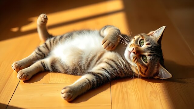 A tabby cat lying on its back on warm wooden floorboards in sunlight.