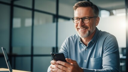 Happy Businessman Using Mobile Phone in Office