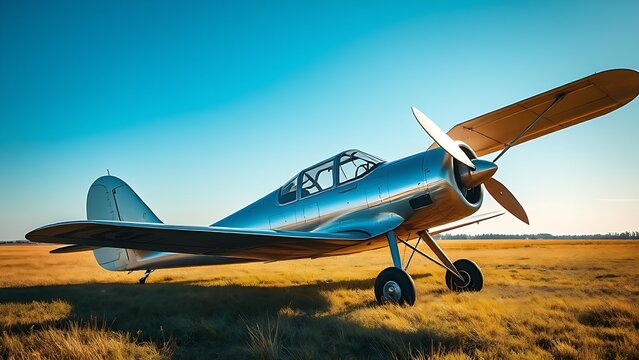 A vintage silver monoplane parked on a sunlit grass field under a clear blue sky.