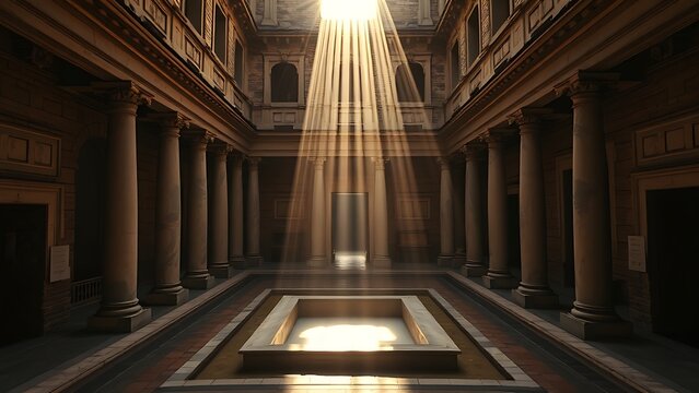 Sunlight streams into an ancient Roman atrium, illuminating a square impluvium pool.