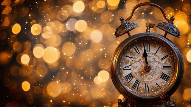 An antique alarm clock with a golden glow and bokeh background.  Time is almost up