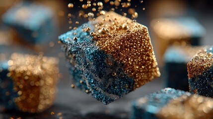 Floating, textured cubes with metallic gold and blue hues, specks suspended mid-air