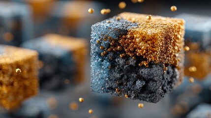 Close-up abstract rendering of crystalline cubes, divided by color and texture