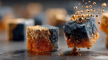 Cubes of varied color and texture, some with golden accents, against a blurred background