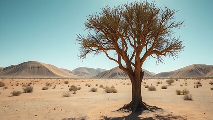 Lone Boswellia tree in an arid desert landscape with resin droplets on bark.