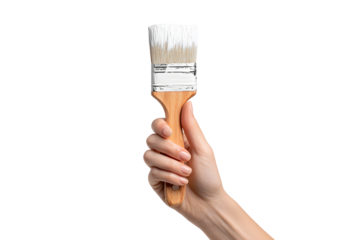 Woman's Hand Holding Paintbrush with White Paint, Isolated on Transparent Background