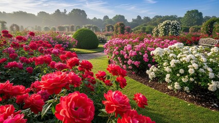 Beautiful blooming pink and red tulips blossom in a colorful spring park garden field surrounded by natural green leaves and floral beauty