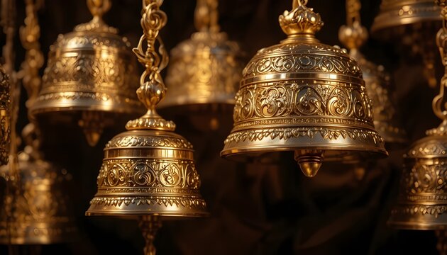 Macro shot of shiny golden ghungroo bells with intricate carvings, soft shadows, dark velvet background, ultra-detailed texture.
