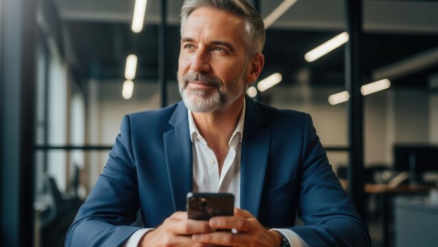 Mature businessman holding smartphone in office - Powered by Adobe