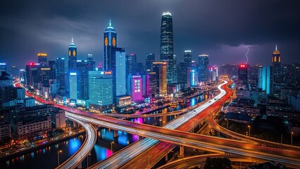 A long exposure captures the blurred motion of highway traffic lights against the urban skyline of the Hong Kong city business district and skyscrapers at night