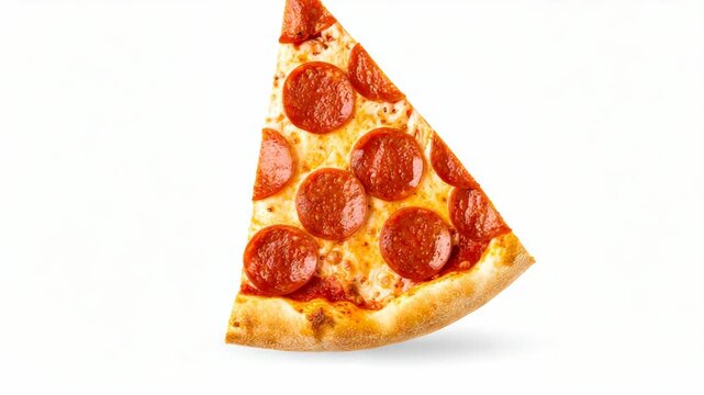 Single slice of pepperoni pizza with melted cheese on a plain background, studio shot.