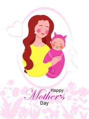 Mother's Day Greeting Card with Mom, Child and Floral Elements. Perfect for greeting cards, social media posts, banners, and gift tags. High-quality flat style, easy to edit and scale