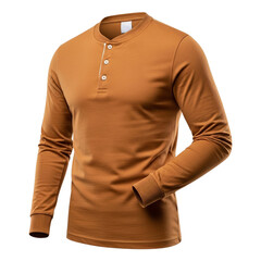 Brown long sleeve henley shirt with buttons on transparent background