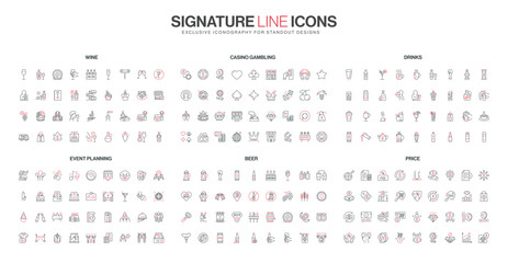 Collection of thin line icons themed around wine, casino gambling, drinks, event planning, beer, and price with simple red and black accents isolated vector illustration