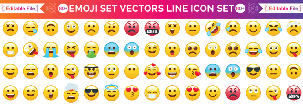 Big set of emoticons. Funny emoticons faces with facial expressions. Full editable vector icons. Detailed emoji icons. Emoji set.