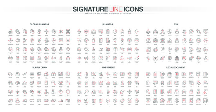 Red black thin line icon set global business, B2B, supply chain, investment, legal document concepts, perfect for corporate presentations, web interfaces, financial design projects vector illustration