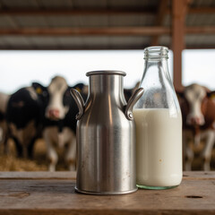 Fresh milk in metal jug and glass bottle, set against farm backdrop with cows. scene evokes sense of rustic charm and farm life