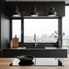Modern kitchen design features sleek black cabinetry, stylish pendant lights, and stunning city view. minimalist aesthetic creates cozy atmosphere