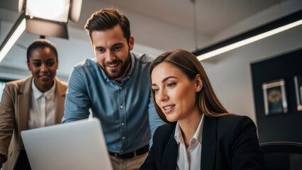 Diverse business team collaborating on laptop